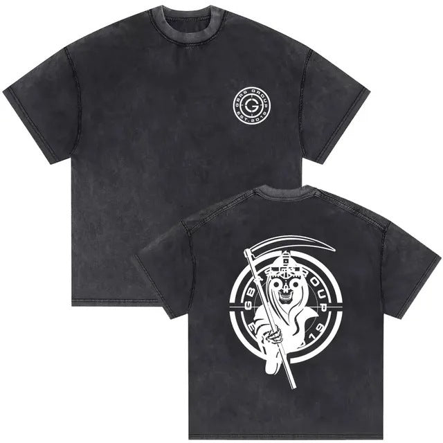 Vintage Washed Skeleton Graphic T-Shirt – Gothic Punk Cotton Tee