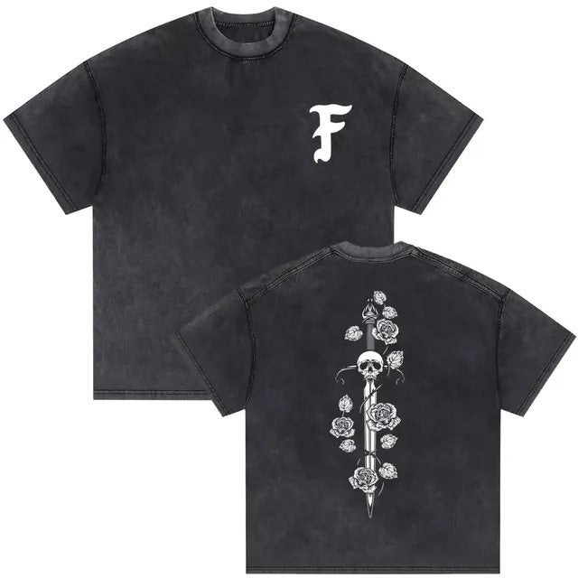 Vintage Washed Skeleton Graphic T-Shirt – Gothic Punk Cotton Tee