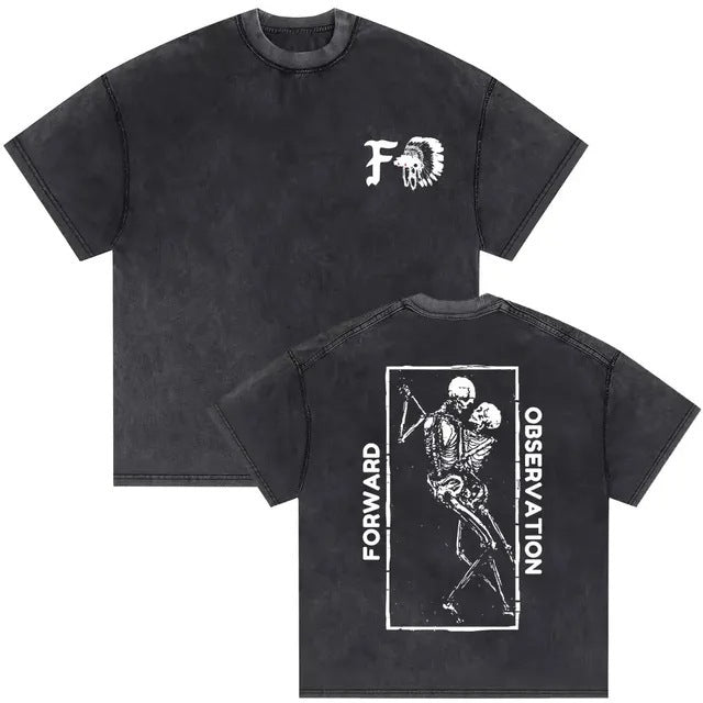 Vintage Washed Skeleton Graphic T-Shirt – Gothic Punk Cotton Tee