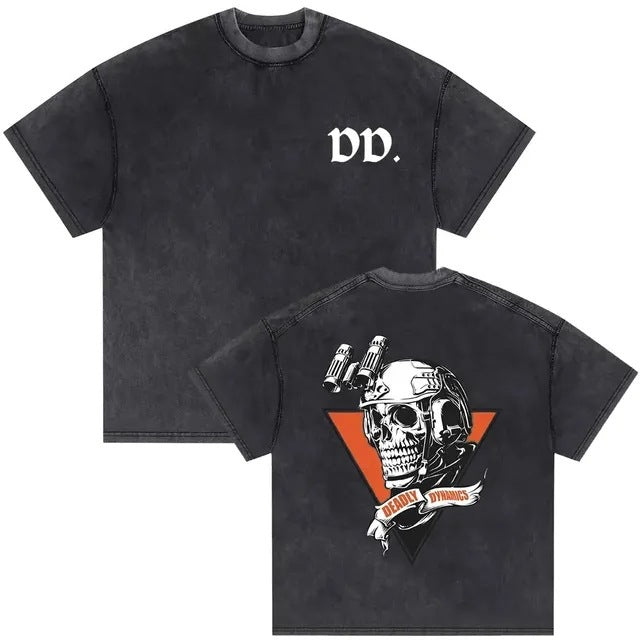 Vintage Washed Skeleton Graphic T-Shirt – Gothic Punk Cotton Tee