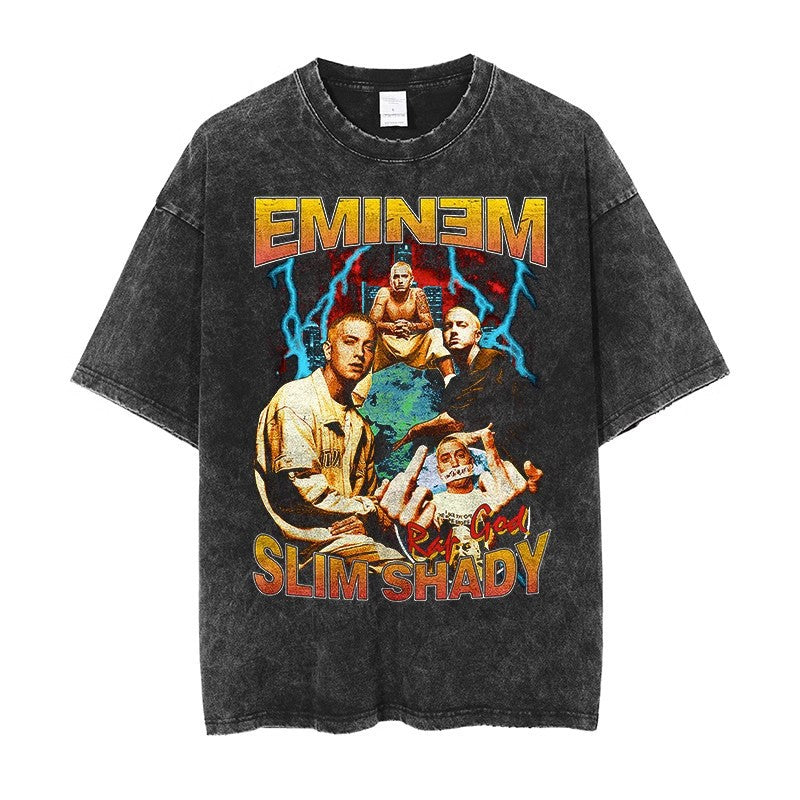 Vintage Washed Hip-Hop Graphic T-Shirt – Oversized Heavyweight Cotton