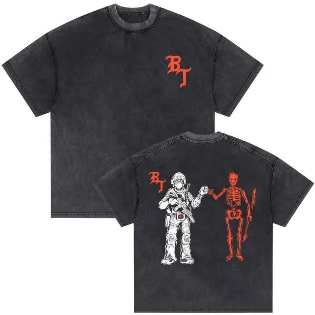 Vintage Washed Skeleton Graphic T-Shirt – Gothic Punk Cotton Tee