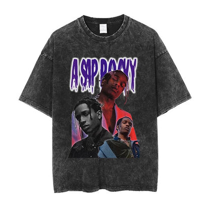 Vintage Washed Hip-Hop Graphic T-Shirt – Oversized Heavyweight Cotton