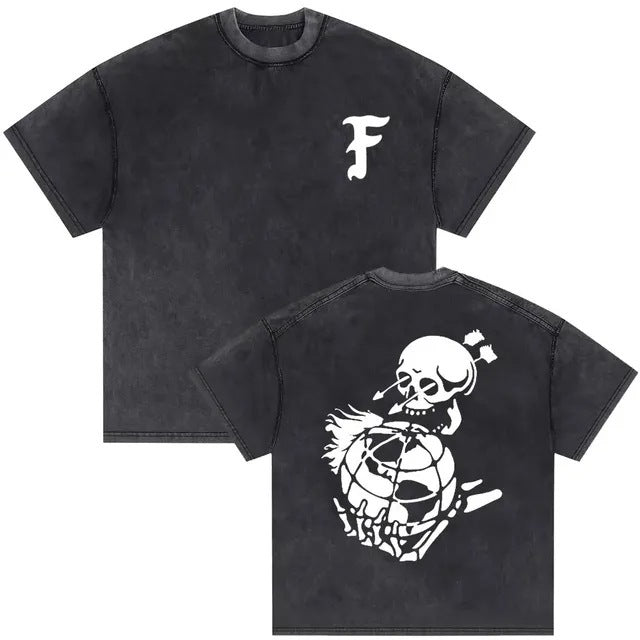 Vintage Washed Skeleton Graphic T-Shirt – Gothic Punk Cotton Tee