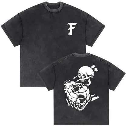 Vintage Washed Skeleton Graphic T-Shirt – Gothic Punk Cotton Tee