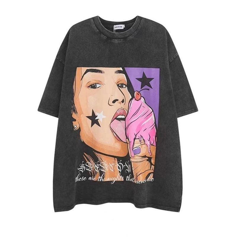 Oversized Washed Denim Graphic T-Shirt – Vintage Streetwear Tee