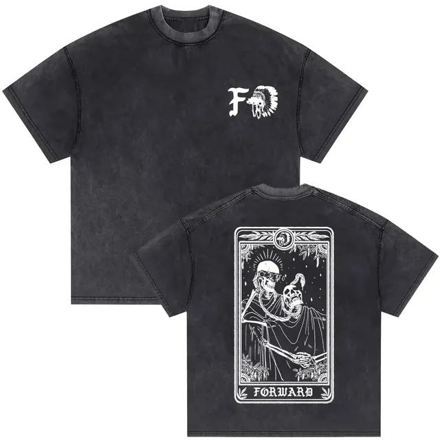 Vintage Washed Skeleton Graphic T-Shirt – Gothic Punk Cotton Tee