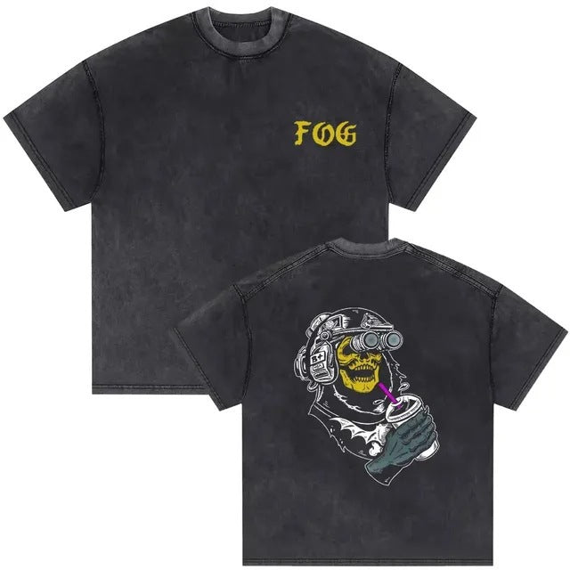Vintage Washed Skeleton Graphic T-Shirt – Gothic Punk Cotton Tee