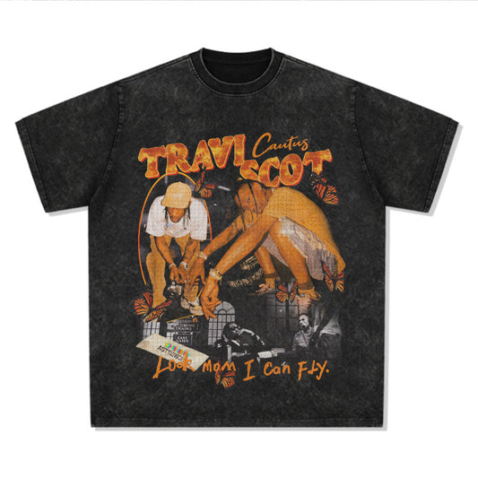 Vintage Washed Hip-Hop Graphic T-Shirt – American Streetwear Tee